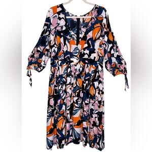 ELOQUII Multicolor Abstract Floral Midi Dress Faux Wrap Bodice Relaxed Fit 16